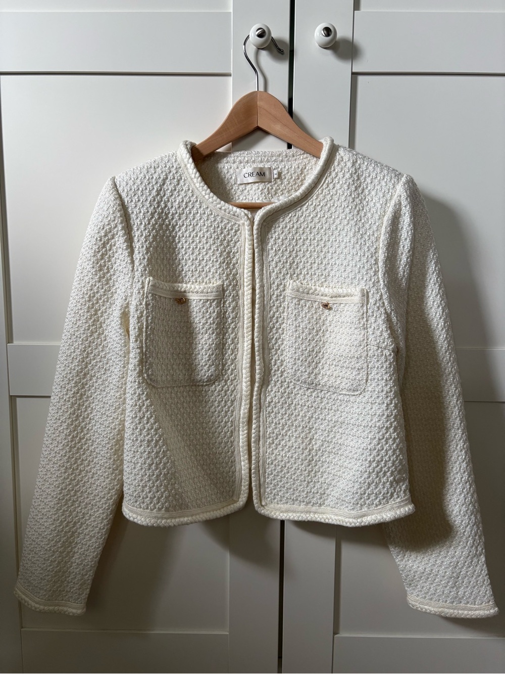 Cream Textured Cropped Jacket with Front Pockets - Women